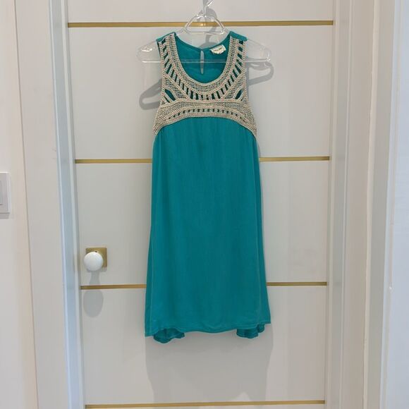 SAND + SPIRIT turquoise with ivory crochet short sleeveless boho dress lined M - Picture 1 of 7